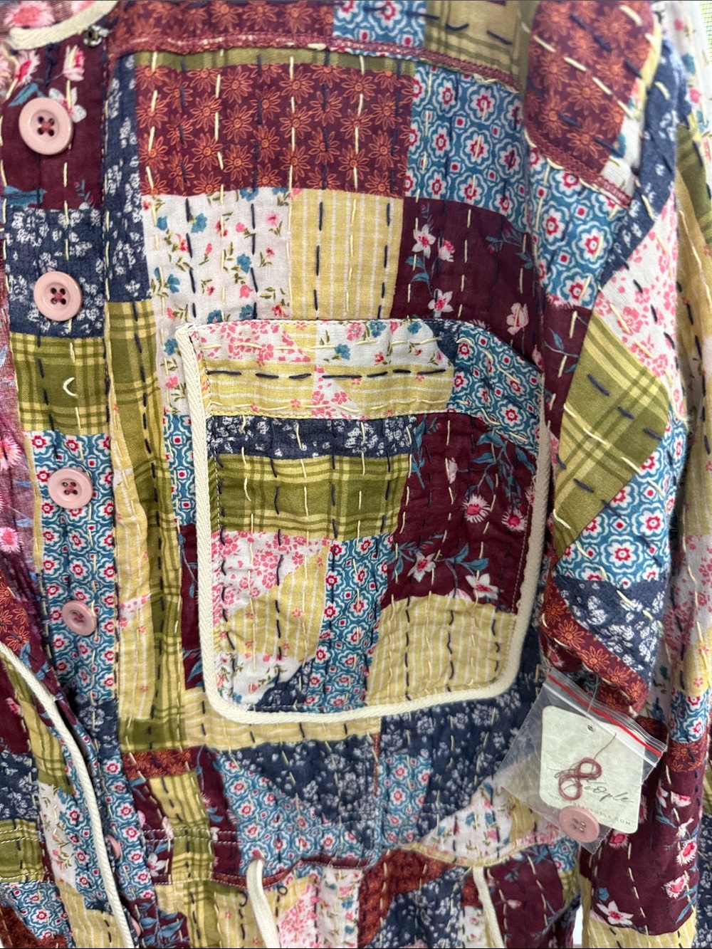 Free People Quilted Kantha Patchwork Jumpsuit Romper in Burgundy Multi Sz. LG - Picture 3 of 8